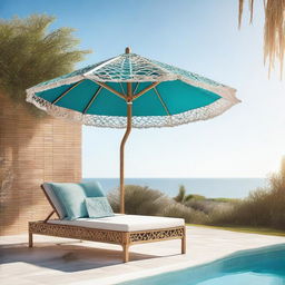 A unique macrame umbrella and stylish sunbathing bench placed invitingly beside a glittering swimming pool under a vibrant, sunlit sky.