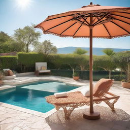 A unique macrame umbrella and stylish sunbathing bench placed invitingly beside a glittering swimming pool under a vibrant, sunlit sky.