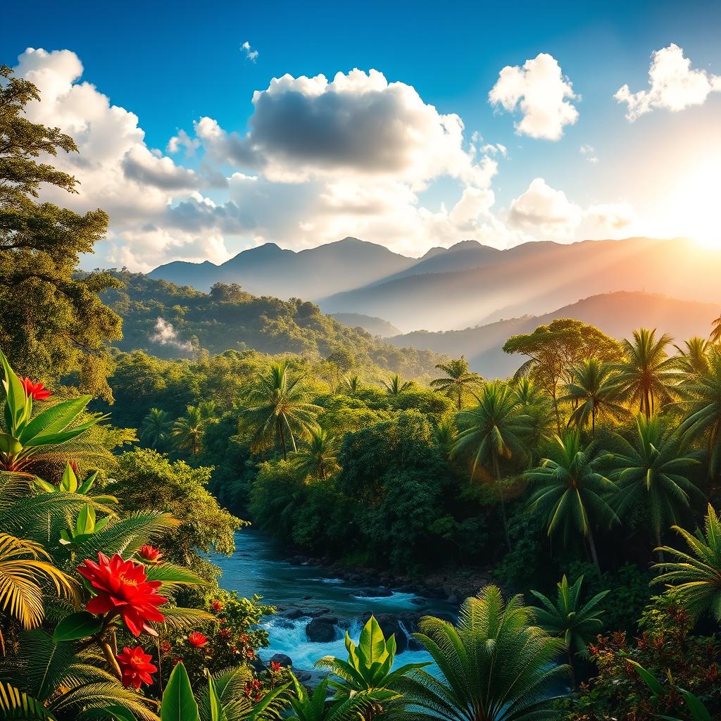 A stunning landscape showcasing the beautiful scenery of Brazil, highlighting the vibrant colors of the Amazon Rainforest with lush green foliage, exotic flowers, and a diverse array of wildlife