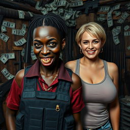 In a ramshackle room filled with weapons and dollars, a young African woman, very short and malnourished at 30 years old, with very dark skin portraying a villainous appearance