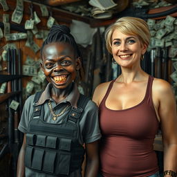 In a ramshackle room filled with weapons and dollars, a young African woman, very short and malnourished at 30 years old, with very dark skin portraying a villainous appearance