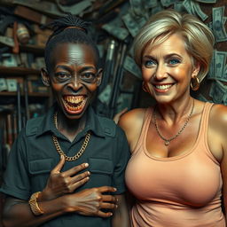 In a ramshackle room filled with weapons and dollars, a young African woman, very short and malnourished at 30 years old, with very dark skin portraying a villainous appearance