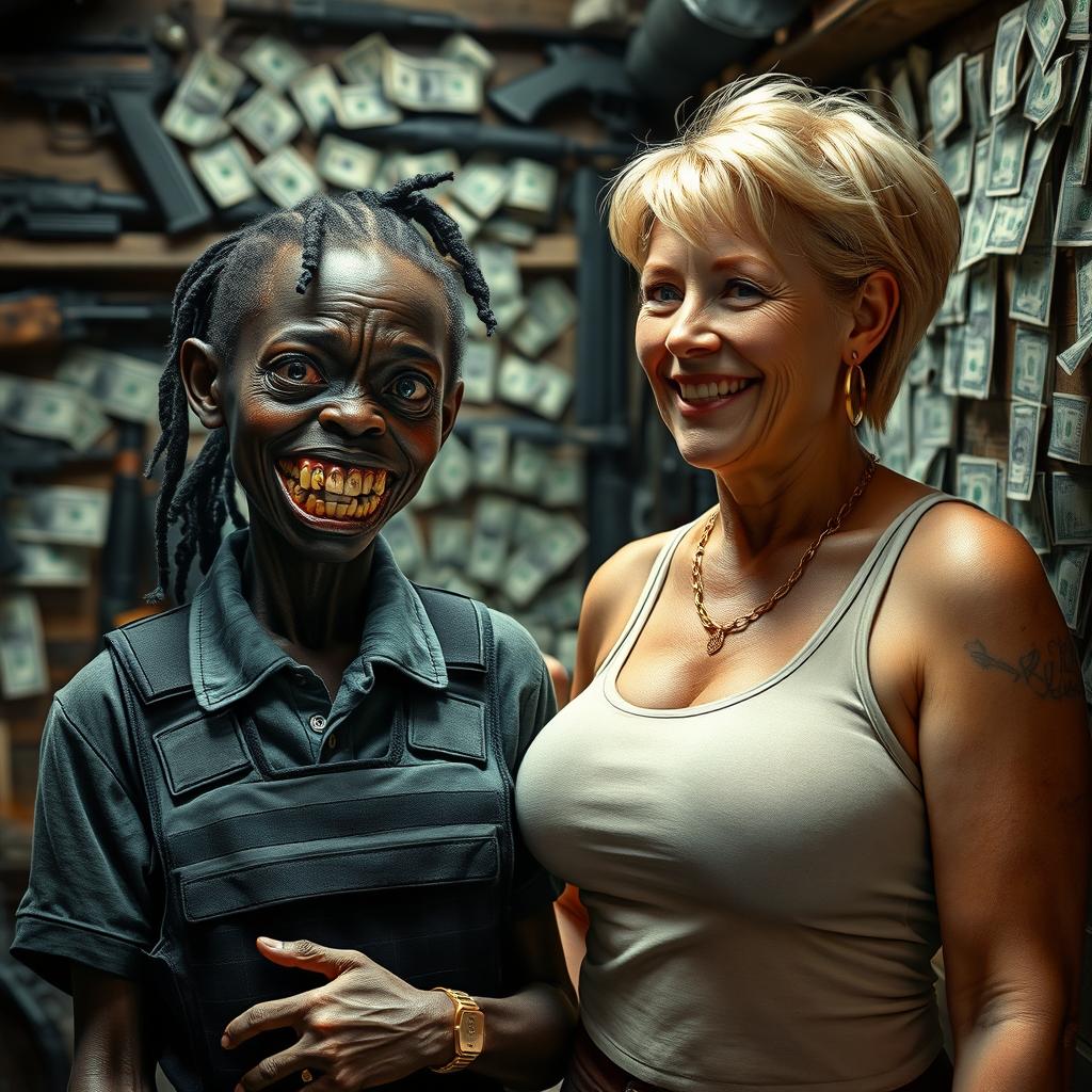 In a ramshackle room filled with weapons and dollars, a young African woman, very short and malnourished at 30 years old, with very dark skin portraying a villainous appearance
