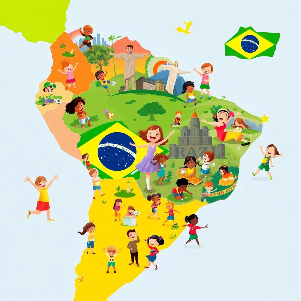 A colorful map of Brazil filled with images of happy children engaging in various joyful activities