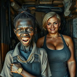 A tense scene set in a small, cluttered shack filled with various weapons