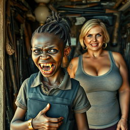 A tense scene set in a small, cluttered shack filled with various weapons