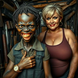 A tense scene set in a small, cluttered shack filled with various weapons