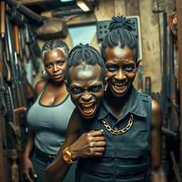 A tense scene set in a small, cluttered shack filled with various weapons