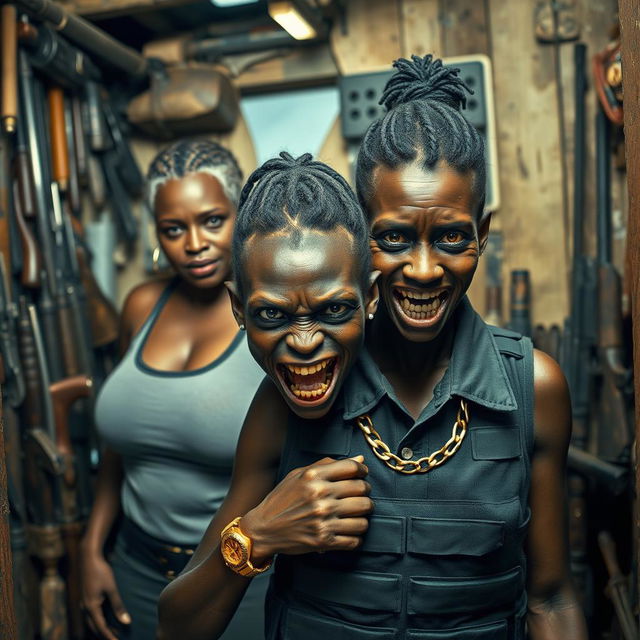 A tense scene set in a small, cluttered shack filled with various weapons