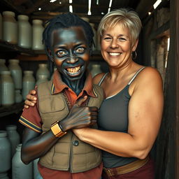 Inside a run-down shack filled with milk jars, a scene depicts a young, very short and malnourished black African woman, around 30 years old, with deeply dark skin, a sinister expression, and grotesquely decayed teeth