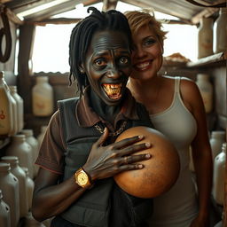 Inside a run-down shack filled with milk jars, a scene depicts a young, very short and malnourished black African woman, around 30 years old, with deeply dark skin, a sinister expression, and grotesquely decayed teeth
