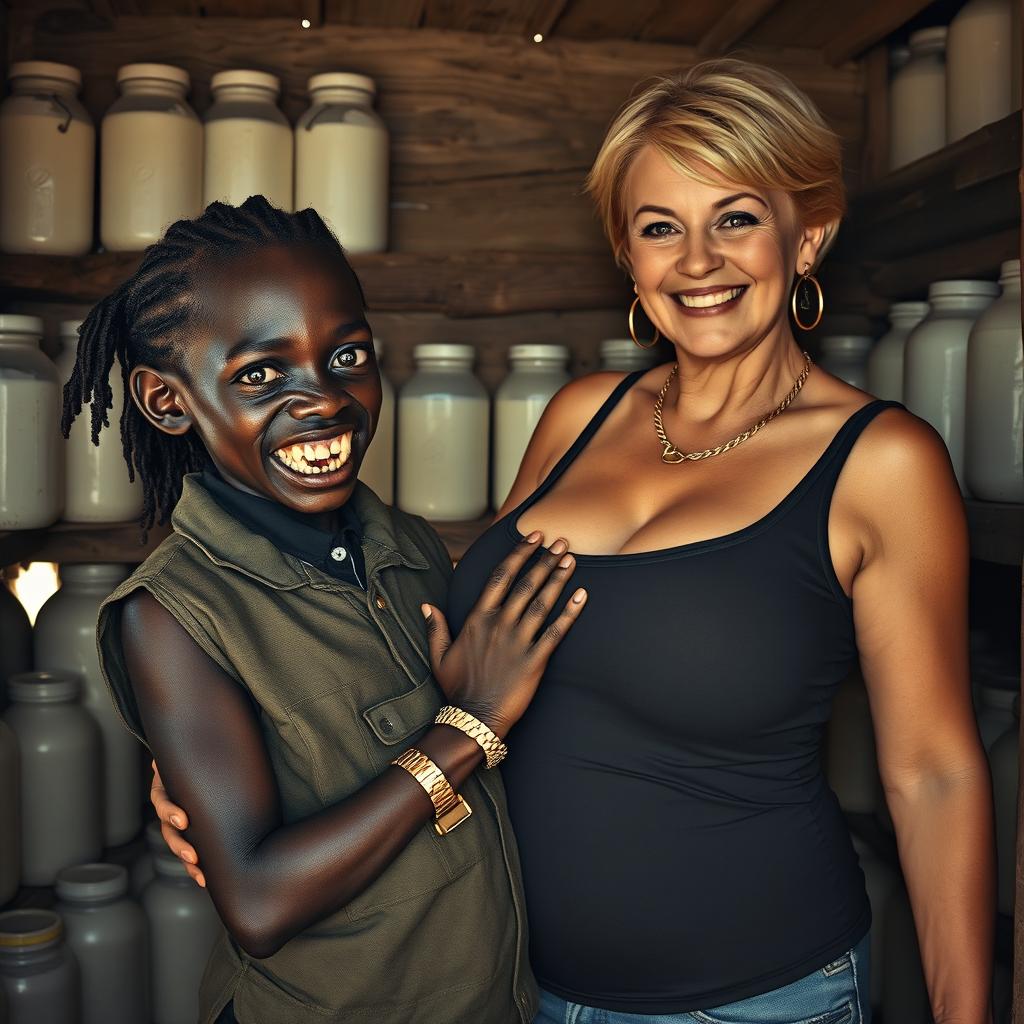 Inside a run-down shack filled with milk jars, a scene depicts a young, very short and malnourished black African woman, around 30 years old, with deeply dark skin, a sinister expression, and grotesquely decayed teeth