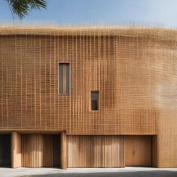 A captivating facade of a building made with tightly woven bamboo, illustrating an interplay of light and shadows and embracing sustainable architecture.