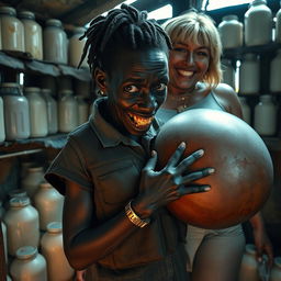 Inside a rundown shack filled with milk jars, a striking scene unfolds featuring a young, very short, and malnourished black African woman, about 30 years old
