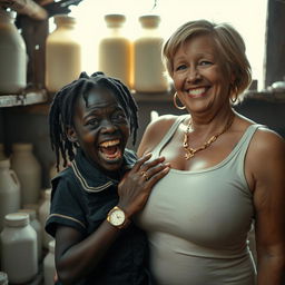 Inside a rundown shack filled with milk jars, a striking scene unfolds featuring a young, very short, and malnourished black African woman, about 30 years old