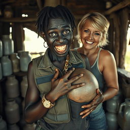 Inside a rundown shack filled with milk jars, a striking scene unfolds featuring a young, very short, and malnourished black African woman, about 30 years old