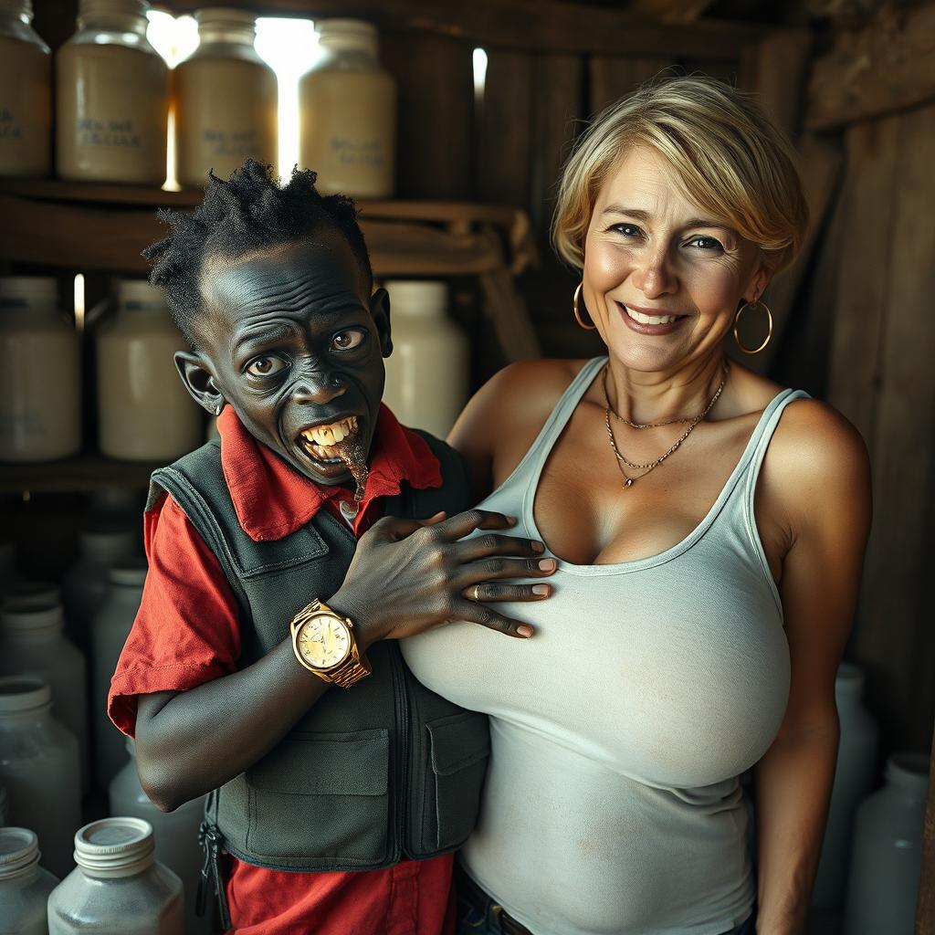 Inside a rundown shack filled with milk jars, a striking scene unfolds featuring a young, very short, and malnourished black African woman, about 30 years old