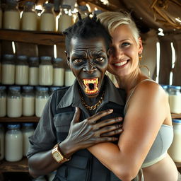 Inside a makeshift shack filled with jars of milk, a striking image unfolds of a young, very short and malnourished black African woman, approximately 30 years old, characterized by her very dark skin, a malevolent expression, and monstrous, decaying teeth