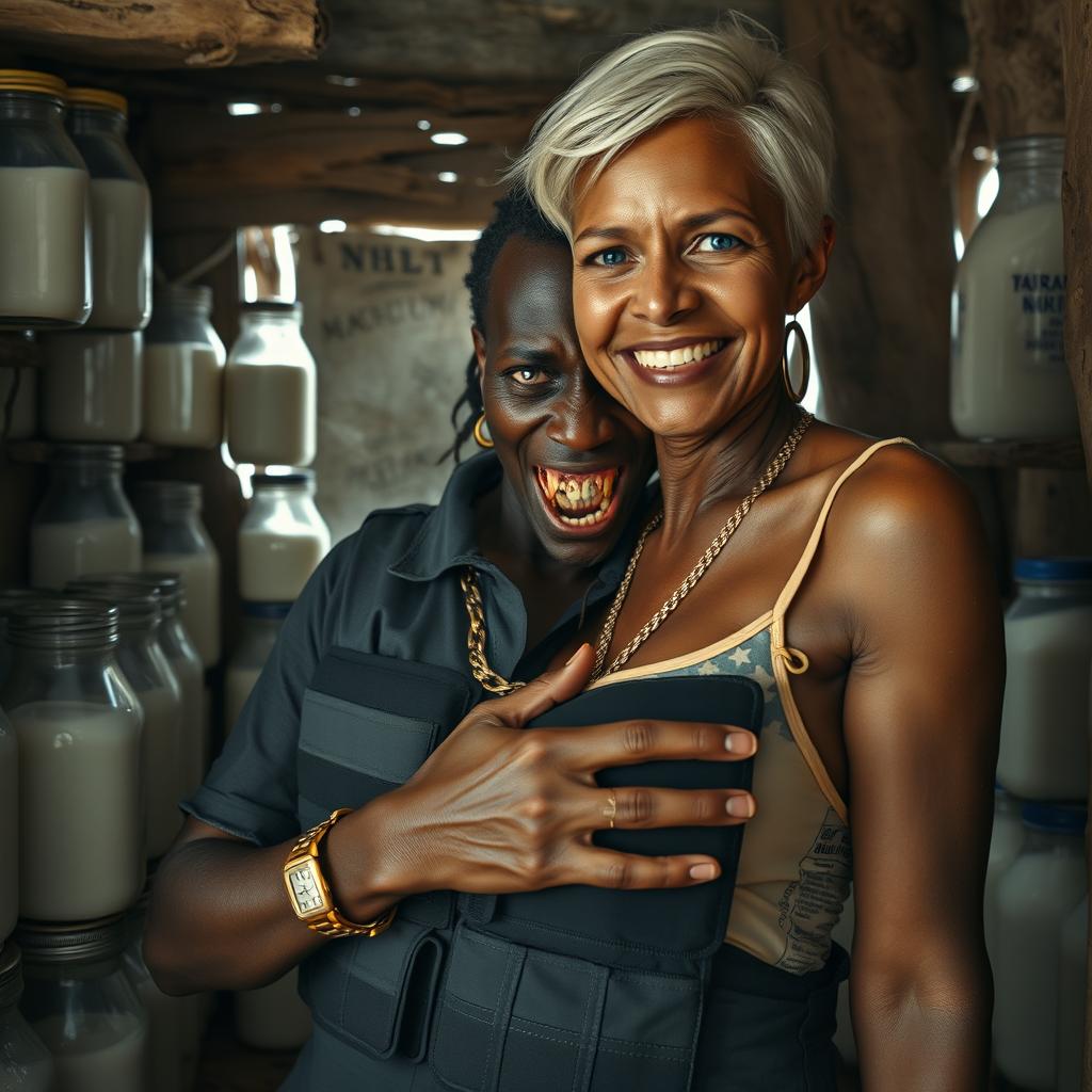 Inside a makeshift shack filled with jars of milk, a striking image unfolds of a young, very short and malnourished black African woman, approximately 30 years old, characterized by her very dark skin, a malevolent expression, and monstrous, decaying teeth