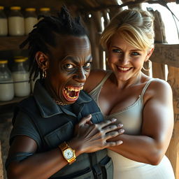 Inside a makeshift shack filled with jars of milk, a striking image unfolds of a young, very short and malnourished black African woman, approximately 30 years old, characterized by her very dark skin, a malevolent expression, and monstrous, decaying teeth