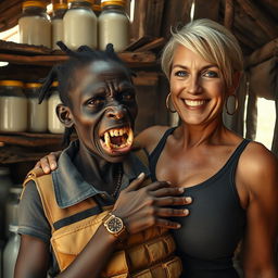 Inside a makeshift shack filled with jars of milk, a striking image unfolds of a young, very short and malnourished black African woman, approximately 30 years old, characterized by her very dark skin, a malevolent expression, and monstrous, decaying teeth