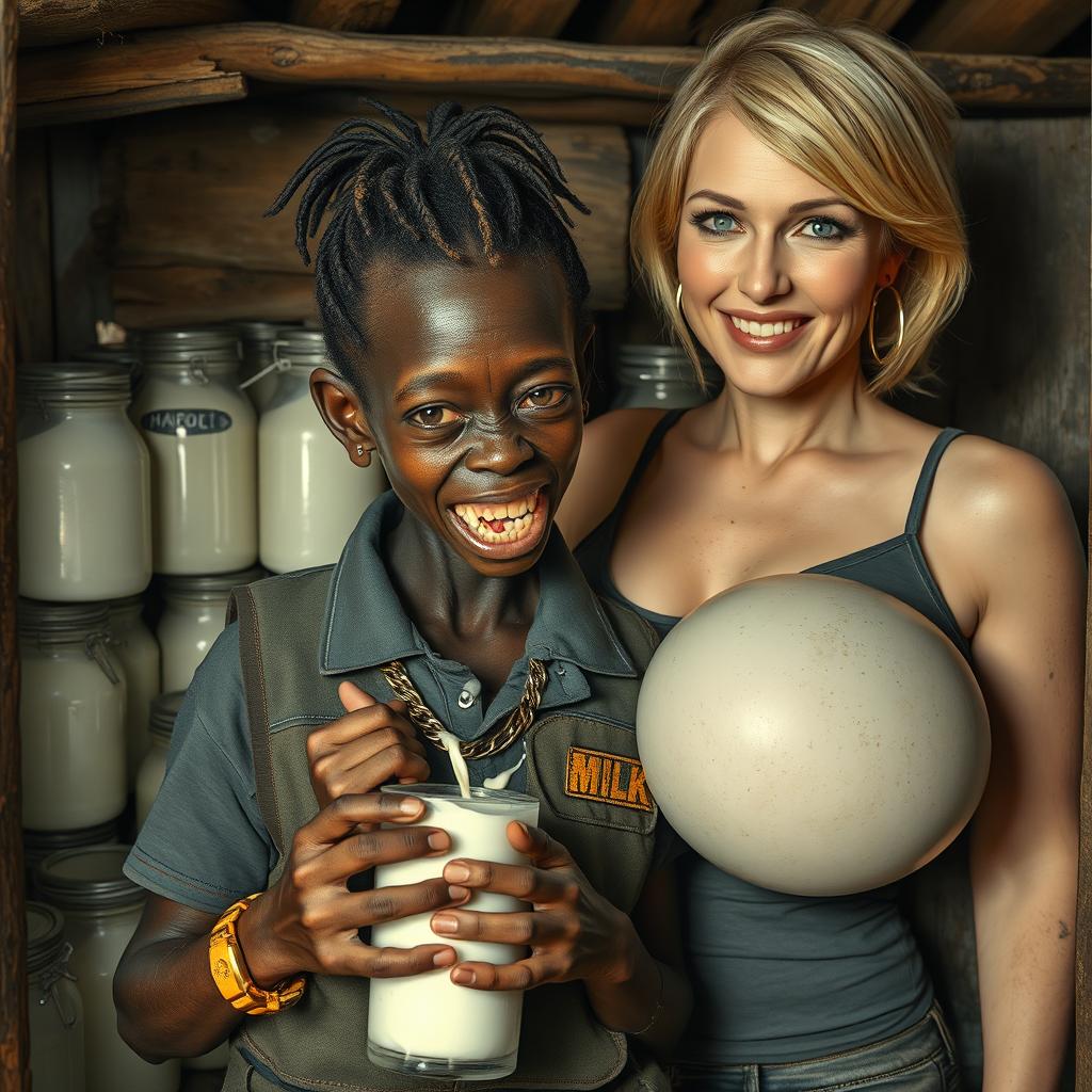 Inside a decrepit shack filled with jars of milk, a haunting scene features a young, very short, and malnourished black African woman, approximately 30 years old