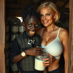 Inside a decrepit shack filled with jars of milk, a haunting scene features a young, very short, and malnourished black African woman, approximately 30 years old