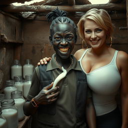 Inside a decrepit shack filled with jars of milk, a haunting scene features a young, very short, and malnourished black African woman, approximately 30 years old