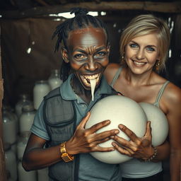 Inside a dilapidated shack filled with jars of milk, a striking and provocative scene showcases a young, very short, and malnourished black African woman, approximately 30 years old