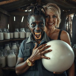 Inside a dilapidated shack filled with jars of milk, a striking and provocative scene showcases a young, very short, and malnourished black African woman, approximately 30 years old