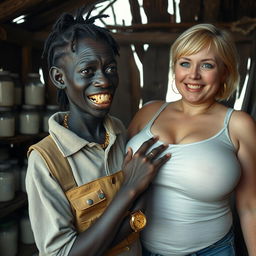 Inside a ramshackle hut filled with jars of milk, a vivid scene features a young, very short and malnourished black African woman, around 30 years old