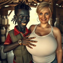 Inside a ramshackle hut filled with jars of milk, a vivid scene features a young, very short and malnourished black African woman, around 30 years old