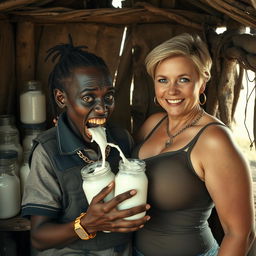 Inside a run-down shack brimming with jars of milk, a striking scene unfolds featuring a young, very short, malnourished black African woman, around 30 years old