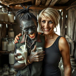 Inside a run-down shack brimming with jars of milk, a striking scene unfolds featuring a young, very short, malnourished black African woman, around 30 years old