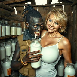 Inside a run-down shack brimming with jars of milk, a striking scene unfolds featuring a young, very short, malnourished black African woman, around 30 years old