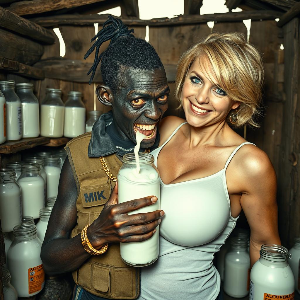 Inside a run-down shack brimming with jars of milk, a striking scene unfolds featuring a young, very short, malnourished black African woman, around 30 years old