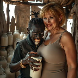 Inside a run-down shack brimming with jars of milk, a striking scene unfolds featuring a young, very short, malnourished black African woman, around 30 years old