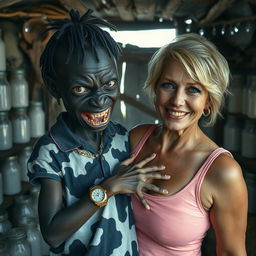 Inside a dilapidated shack filled with jars of milk, a captivating scene features a young, very short, and malnourished black African woman, around 20 years old