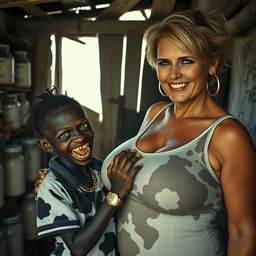 Inside a dilapidated shack filled with jars of milk, a captivating scene features a young, very short, and malnourished black African woman, around 20 years old
