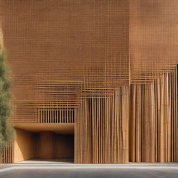 A captivating facade of a building made with tightly woven bamboo, illustrating an interplay of light and shadows and embracing sustainable architecture.