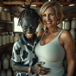 Inside a dilapidated shack filled with jars of milk, a captivating scene features a young, very short, and malnourished black African woman, around 20 years old