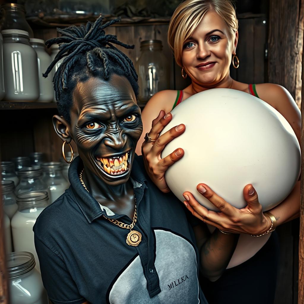 Inside a shabby shack filled with jars of milk, a striking scene unfolds featuring a very short and malnourished 20-year-old black African woman