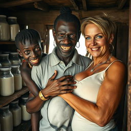 Inside a shabby shack filled with jars of milk, a striking scene unfolds featuring a very short and malnourished 20-year-old black African woman