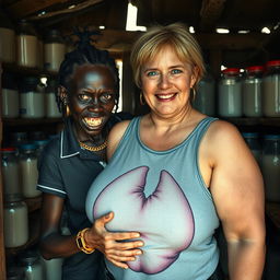 Inside a shabby shack filled with jars of milk, a striking scene unfolds featuring a very short and malnourished 20-year-old black African woman