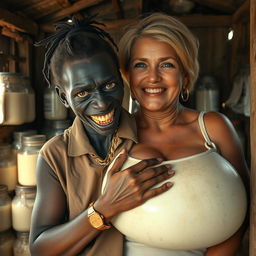 Inside a decrepit shack filled with jars of milk, a dramatic scene unfolds featuring a very short and malnourished 20-year-old black African woman