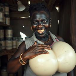 Inside a decrepit shack filled with jars of milk, a dramatic scene unfolds featuring a very short and malnourished 20-year-old black African woman