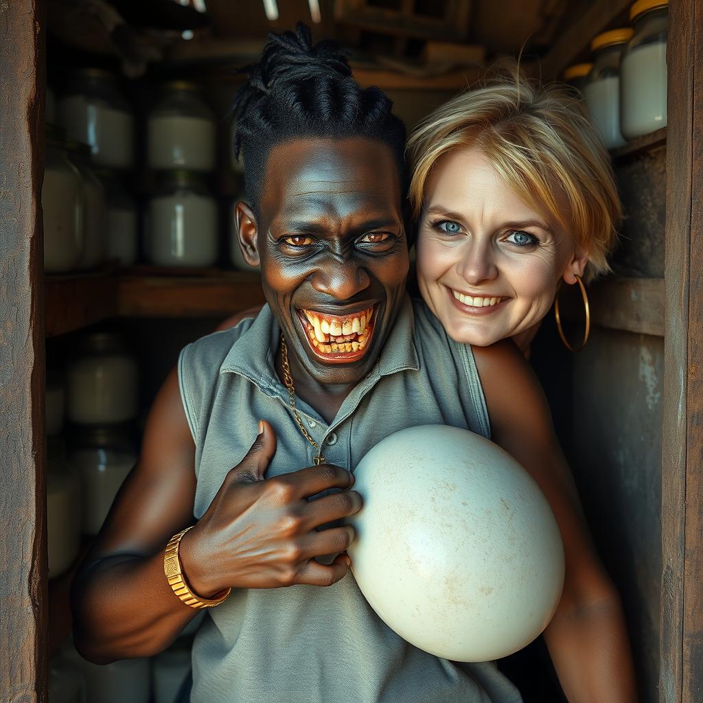 Inside a decrepit shack filled with jars of milk, a dramatic scene unfolds featuring a very short and malnourished 20-year-old black African woman