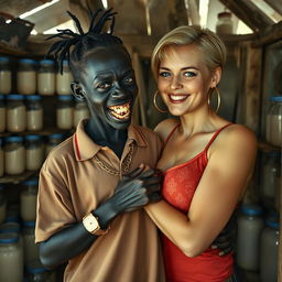 Inside a dilapidated shack filled with jars of milk, a striking scene features a 19-year-old black African woman who is very short and malnourished