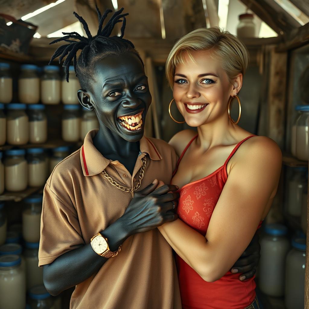 Inside a dilapidated shack filled with jars of milk, a striking scene features a 19-year-old black African woman who is very short and malnourished