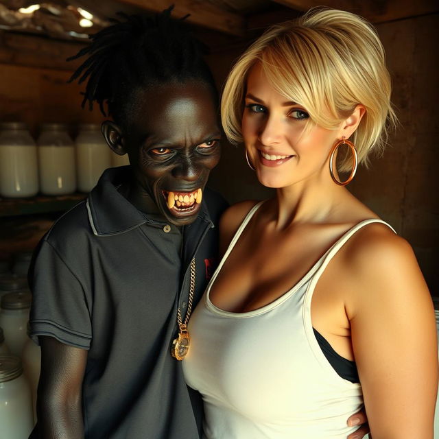 Inside a dilapidated shack filled with jars of milk, a striking scene features a 19-year-old black African woman who is very short and malnourished